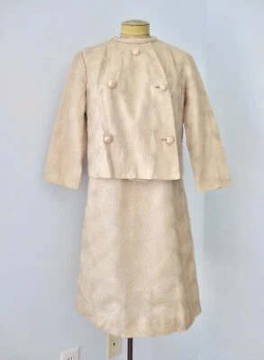 De Colección Años 60 Beige Araña Floral Bordado Gasa 2 Piezas MOB Vestido Chaqueta Traje 14 Foto 1 de 4