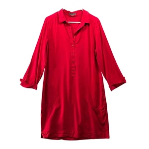 Go Seide 100% Seide Langarm Hemd Kleid Damen L Rot Popover Kragen Midi - Bild 1 von 9