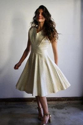 Vintage 1950s Damask Ivory Dress With Side Tucks - Image 1 of 4