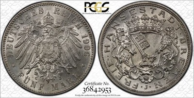 Moneda de 5 marcos de plata del estado alemán Bremen 1906-J. PCGS MS64. J-60 Foto 1 de 2