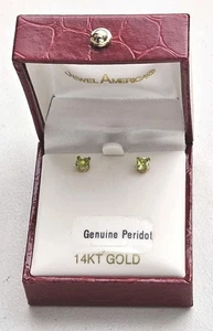 14K Gold Princess Cut Peridot Stud Earrings ☆ New ☆ - Picture 1 of 18