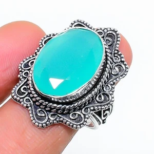 Aqua Chalcedony Gemstone Handmade 925 Sterling Silver Jewelry Ring Size 5 to 11 - Picture 1 of 4