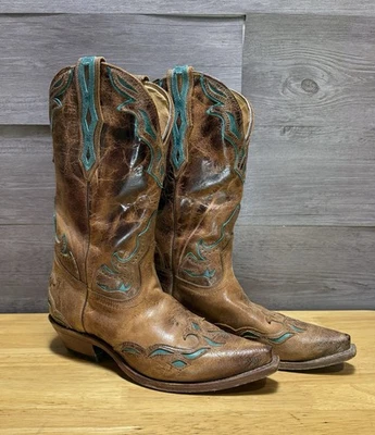 Botas de Vaquero Boulet Turqueza Para Mujer Talla 10 Cuero Marrón y Turquesa Punta Corta Foto 1 de 4