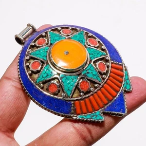 Coral Turquoise Lapis Lazuli Pendant Tibetan Silver Nepali Jewelry 2.90" NP 2051 - Picture 1 of 6