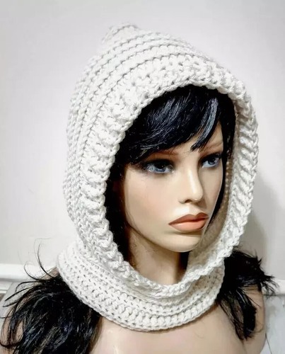 OFF WHITE cappello cappuccio donna fatto a mano all'uncinetto cappuccio scoodie aran bianco sporco crema USA