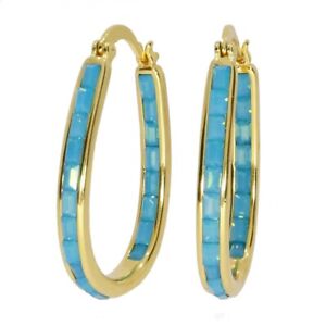 18k Gold Plated Light Blue Emerald Cut Crystal Inside Out Hoop Earrings