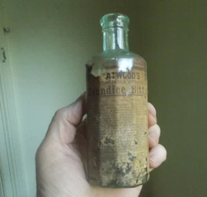 ATWOOD'S JAUNDICE BITTERS GEORGETOWN,MASS EMB WITH LABEL EARLY 1900 BOTTLE - Picture 1 of 8