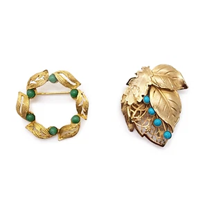 2 Vtg Gold Tone Leaf Brooches Pins Circle Green Blue Faux Turquoise Filigree - Picture 1 of 8