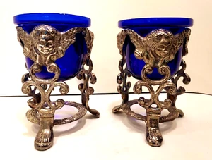 Vintage Silverplate Brass Cobalt Glass Votive Holder Set 2 Cherubs Made in India - Picture 1 of 4