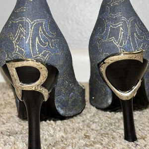 Tacones Vintage Roberto Cavalli RC Monograma Logo Talla 38 Denim Metal Dorado - Imagen 1 de 11