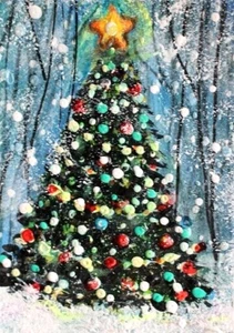 ACEO Original WINTERGEMÄLDE Schnee KIEFER BAUM Landschaft Winter Urlaub Weihnachten KUNST - Bild 1 von 1