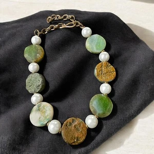 JADE RIVER STONE NECKLACE FAUX PEARL DRUZY ADJUSTABLE CHUNKY STATEMENT OOAK - Picture 1 of 7