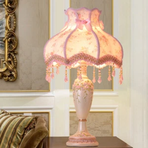 Vintage Romantic Flower Pattern Table Lamp Pink Fabric Shade Desk Light Bedside - Picture 1 of 10