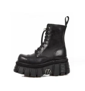 NEW ROCK TOWER COMBAT BOOTS Black Leather Platform Biker Shoes