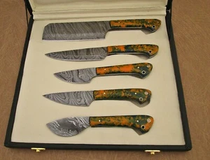 5 pieces Kitchen knife set Overall 42" long Orange Camouflag, esuede roll sheath - Picture 1 of 8