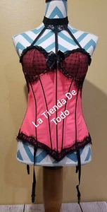 NICE SEXY BLACK PINK CORSET BUSTIER & G-STRING STOCKING STRAPS SMALL S READ - Picture 1 of 7
