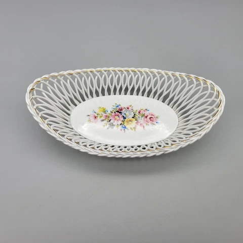 Vintage Bestar Romania Reticulated Porcelain Basket 7" Oval Lace Hand Painted Cover