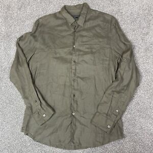 John Varvatos Shirt Mens M Green 100% Linen Button Down Long Sleeve Stain