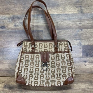 Vtg Etienne Aigner Tan Brown Logo Fabric Leather Bag Purse Shoulder Bag 12x10 - Picture 1 of 13