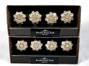 NEW Decorative Drawer Knobs, 8, Silver-toned Flower w/Rhinestones - Picture 1 of 6