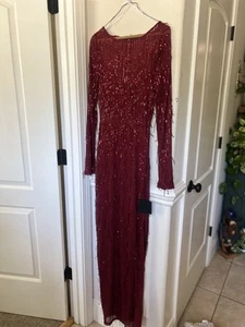 Sheer Fascination Burgundy Sheer Mesh Sequin Fringe Maxi Dress Med - Picture 1 of 8