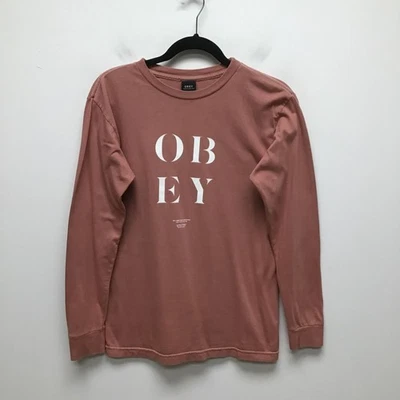 Obey Propaganda Womens Pink Graphic Logo Crew Neck Long Sleeve Pullover Top S - Image 1 of 4