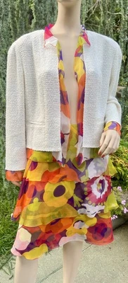 EXTRAORDINARY LATE 1990's CHANEL 3 PC WHITE TWEED SKIRT SUIT W/ PATTERNED SILK - Image 1 of 4