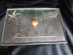 Art Deco exquisite Deckeldose Holz Glas eingeschliffene orientalische Szene - Picture 1 of 14