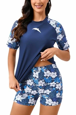 Conjunto de protección contra erupciones de dos piezas UPF 50 para mujer - Camisa de natación de manga corta y pantalones cortos de tabla Foto 1 de 4