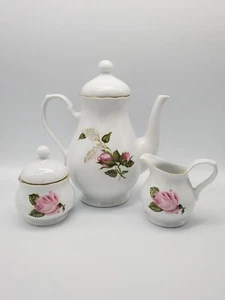 Cafetera vintage Korona Polonia rosa rosa rosa rosa y flor lila crema azúcar - Imagen 1 de 7