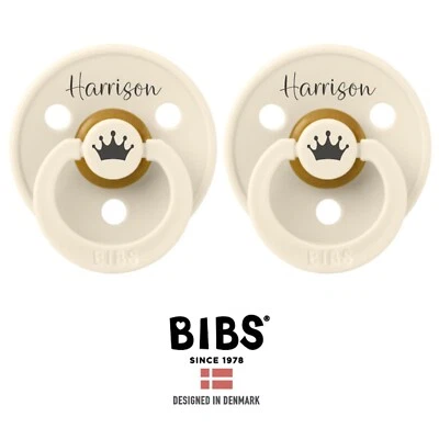 BIBS LÄTZCHEN FARBE *2ER-PACK* PERSONALISIERTER DUMMY SCHNULLER SCHNULLER, NAME & KRONE
