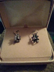 Vtg Amethyst Marcasite Sterling Silver Flower Drop Hook Vintage Earrings . - Picture 1 of 12