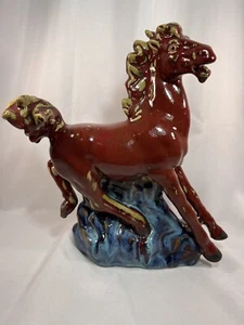 Vintage großes braunes & blaues Pferd Krieger Keramik Ton Schaustück - Bild 1 von 10