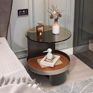 Wear Resistant Saddle Leather Black Side Table Tempered Glass End Bedside Table - Picture 1 of 20