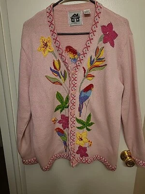 Suéter de cuentos para mujer mediano rosa loros tropical cárdigan floral Foto 1 de 4