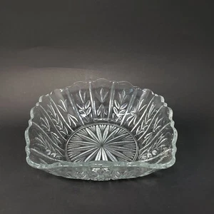 Square Clear Glass Fruit Bowl 7.5" Cut Notched Laurel Leaves and Scalloped Edge - Picture 1 of 12