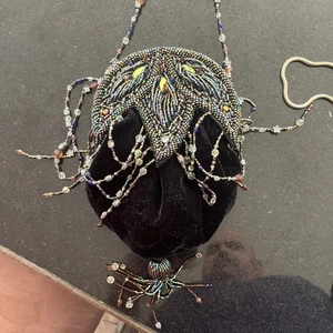 vintage BEADED EVENING Black  velveteen BAG  glass bead 2 straps tussle 8" x 5" - Picture 1 of 6