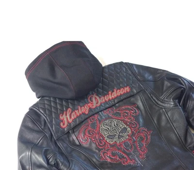 Harley-Davidson Women Scroll Skull Black Leather Jacket 3in1 Hoodie Size SMALL - Image 1 of 4