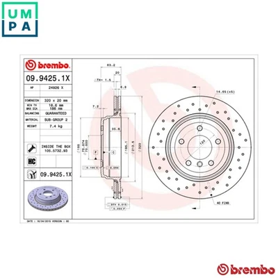 2x BRAKE DISC 09.9425.1X FOR BMW N46 B20 CD 2.0L 4cyl 5 SERIES N52B25BF 2.5L - Image 1 of 4