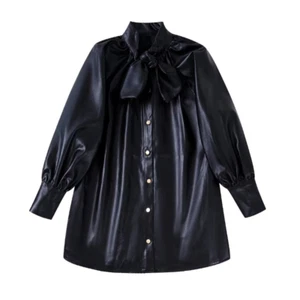 Women Jacket PU Faux Leather Shirt Coat Bow Tie Gothic Punk Style Top Loose Fit - Picture 1 of 9
