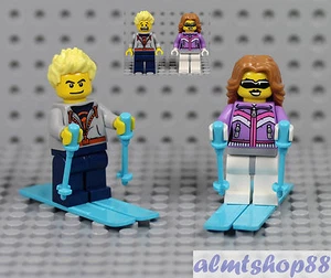 LEGO - Male & Female Skier Minifigures w/ Ski Poles Blue Skis Winter Snow City - Picture 1 of 2