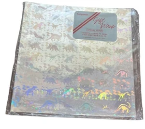 Vintage 80s Dinosaur Hologram Gift Wrap Silver Metallic New Sealed Shiny Rare - Picture 1 of 2