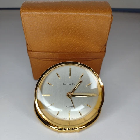 Bullocks Swiss 8 Day Manual 3" Ring Alarm Clock Brass Gold Slip case Vintage NOS Cover