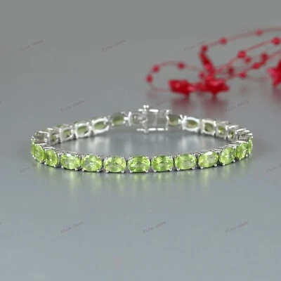 Natural Peridot Tennis Bracelet 925 Sterling Silver Gemstone Bracelet for Her - Image 1 of 4