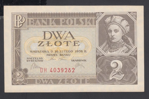 Poland 2 Zlote 1936  AU P. 76,  Banknote, Uncirculated Cover