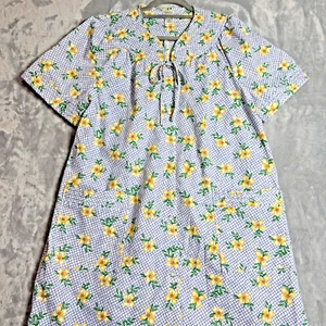 Vtg 70s 80s Blue Gingham Yellow Floral Daisey MuuMuu House Dress Robe House Coat - Picture 1 of 16