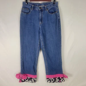 Birch Hill Jeans Womens 10 Petite Blue Denim High Rise Cuffed Pink Bow Straight - Picture 1 of 14