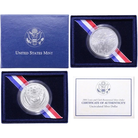 2004 P Lewis & Clark Bicentennial BU Commem 90% Silver Dollar in Box COA Cover