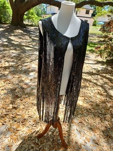 Black Fringe Sequined Waistcoat Vest LONG FLOWY Bohemian Park & Main 3X - Picture 1 of 13