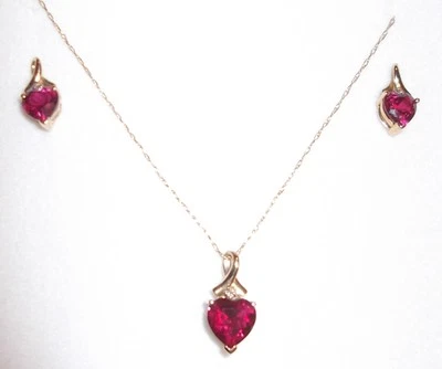 VTG Estate 10k Yellow Gold Heart Pendant Lab Ruby Necklace & Post Earring Set - Image 1 of 4